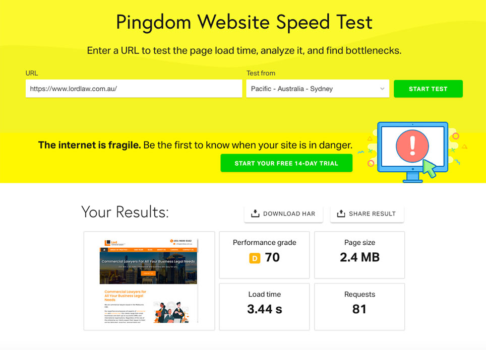 independent speed test results of website after setup onn best australian hosting