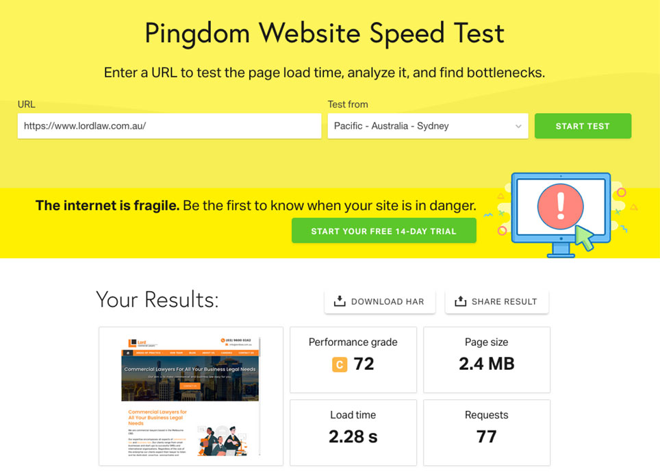 website speed test results after moving to best australian hosting with extra performance improvements