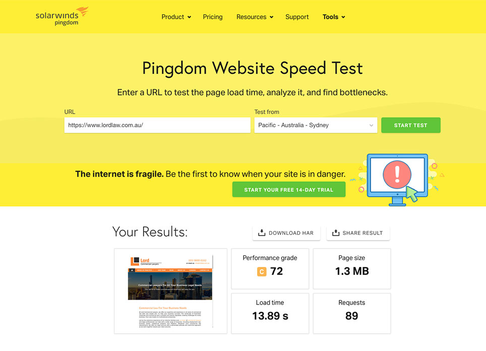website speed test before hosting optimised and prior to commencing any performance boosting work